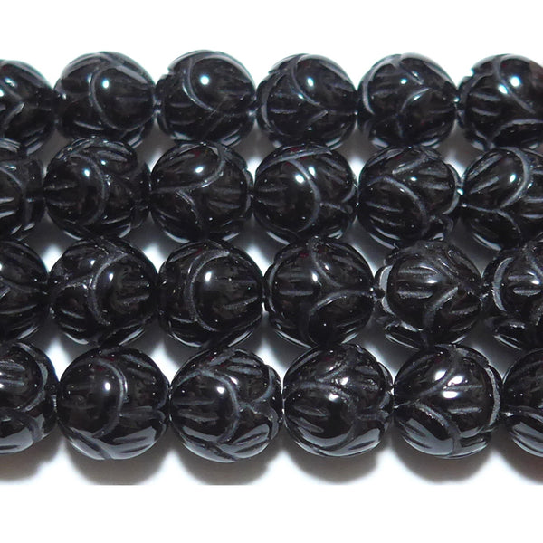 天然黒水晶（モリオン）蓮花の彫刻10mmB （天然石ビーズ）